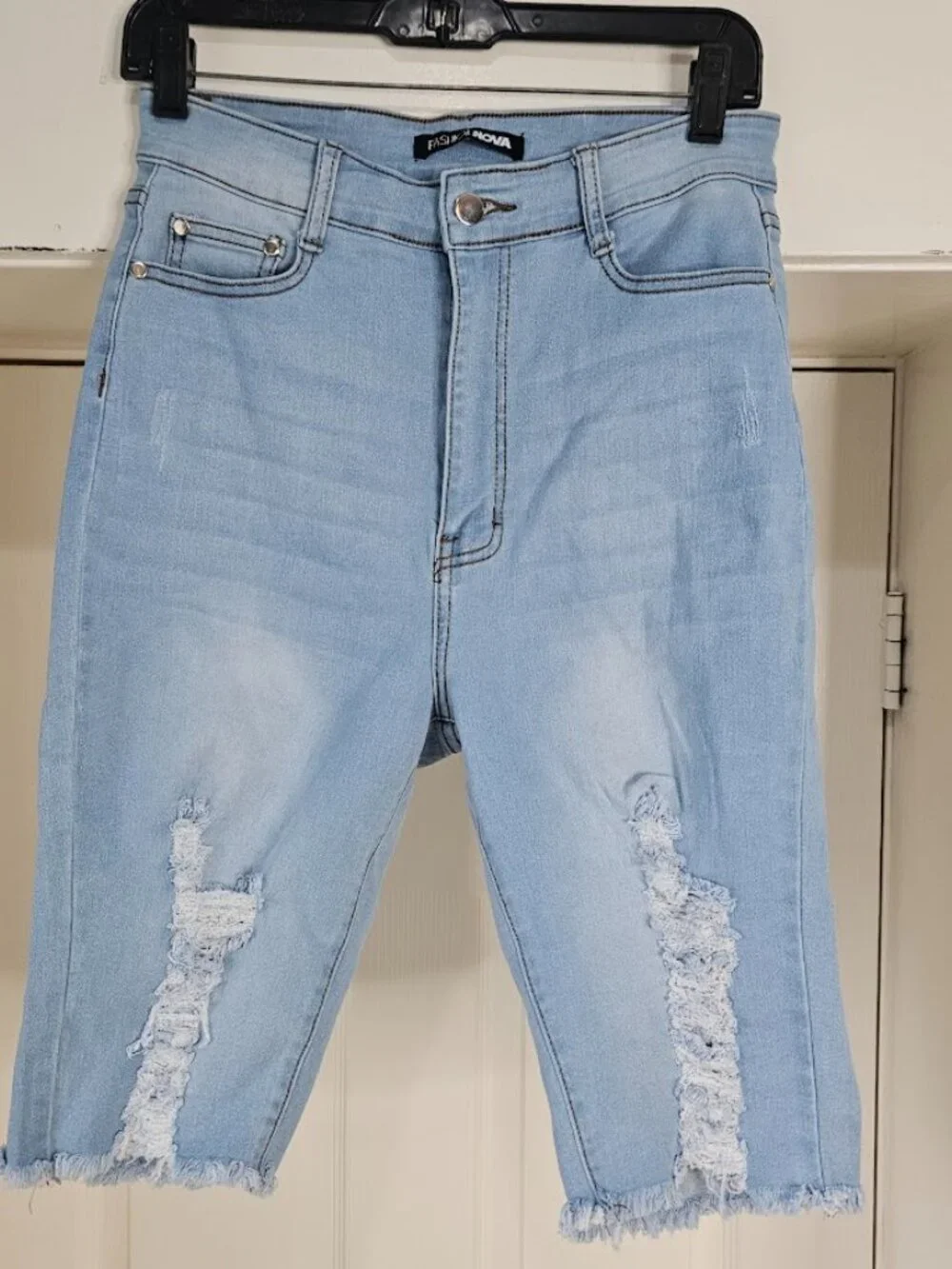 Fashion Nova Bermuda Shorts Denim Blue Distressed Ripped High Waisted New Tag 11